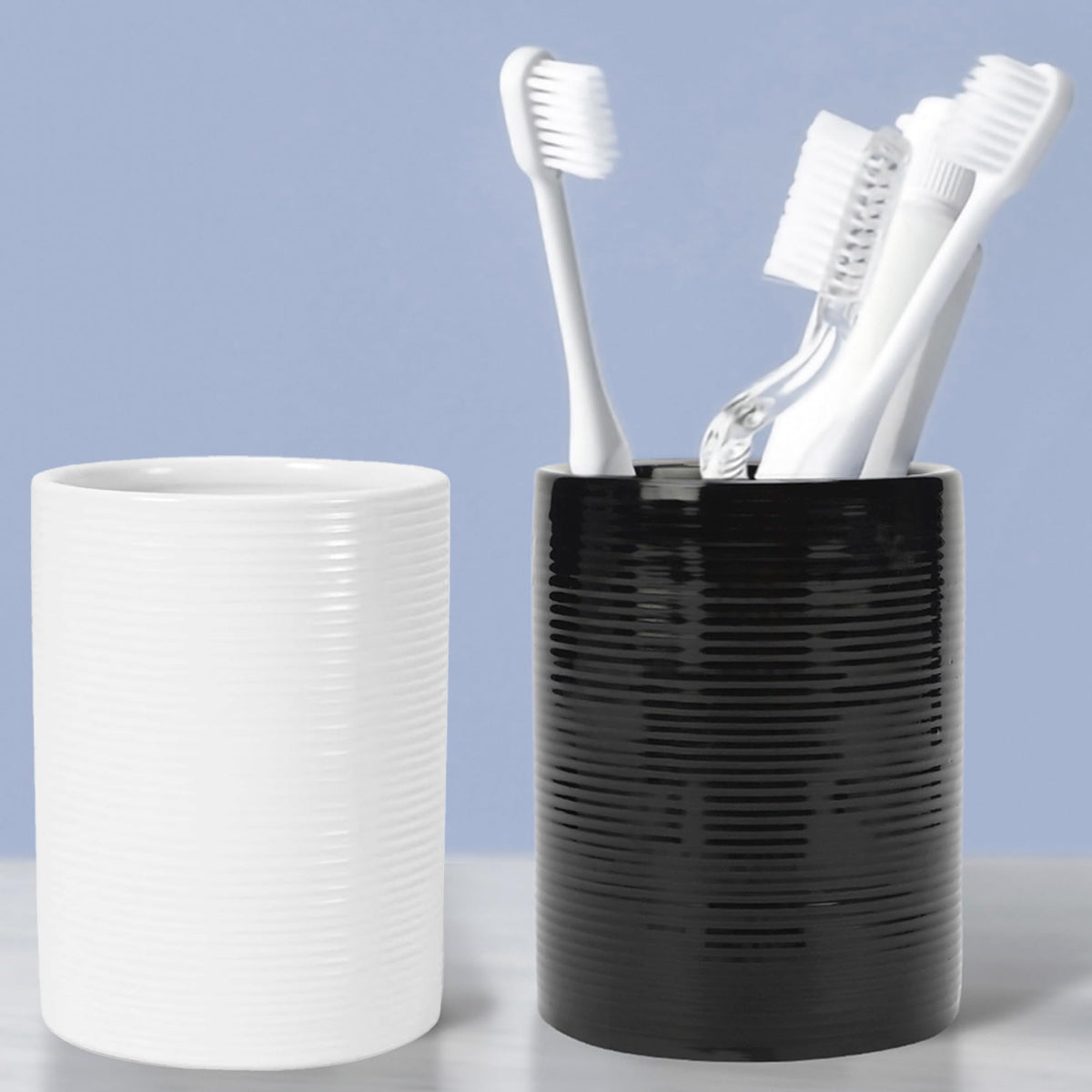 Anko Ceramic Toothbrush Holder for Bathroom | Toothpaste, Makeup Brush Holder for Bathroom | Bathroom Accessories for Wash Basin | Home, Office, Bathroom Organiser | Black & White, Ribbed | Set of 2