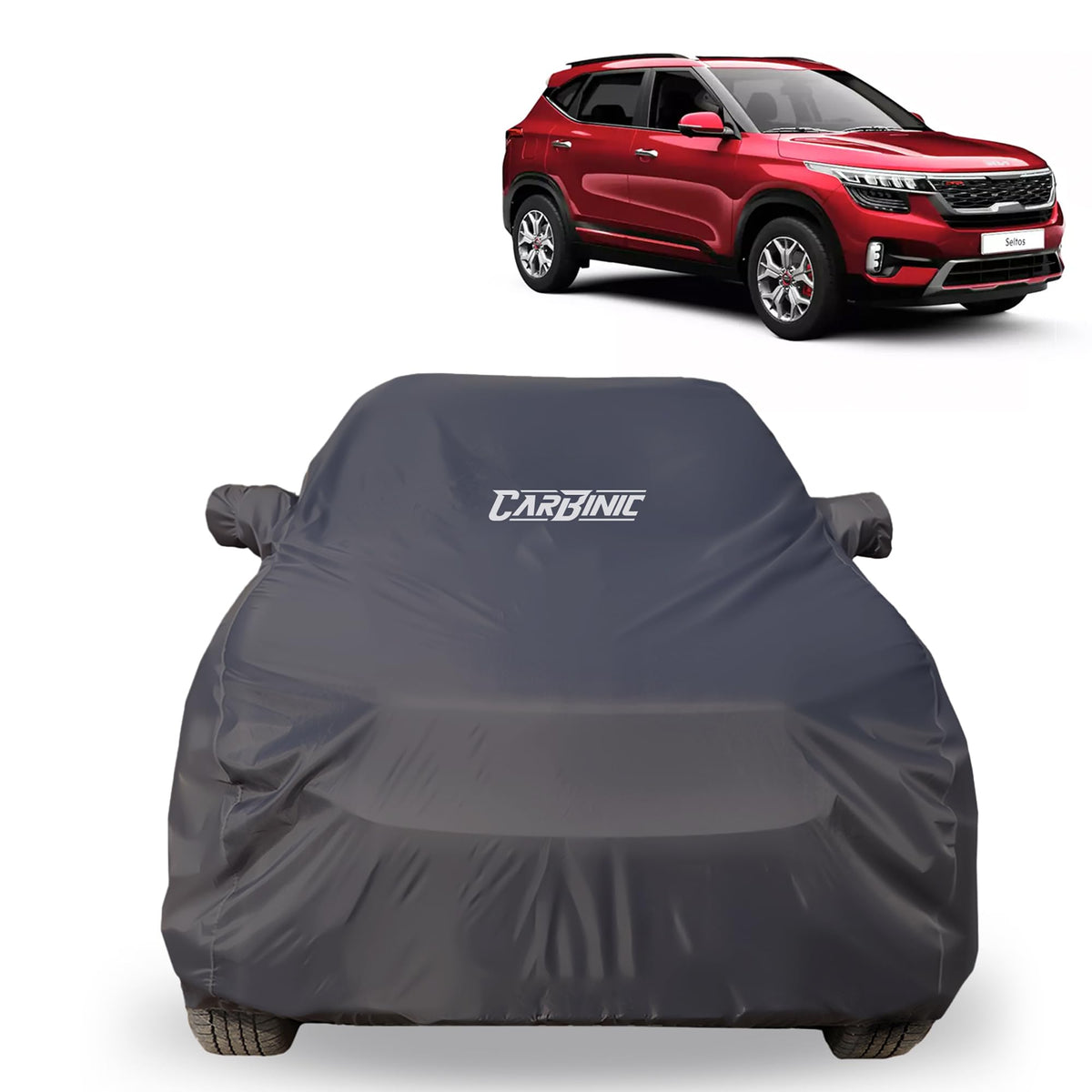 CARBINIC Car Body Cover for KIA Seltos 2019 | Water Resistant, UV Protection Car Cover | Scratchproof Body Shield | Dustproof All-Weather Cover | Mirror Pocket & Antenna | Car Accessories