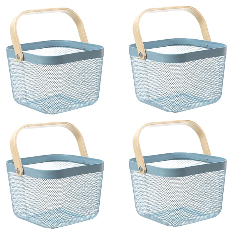 Kuber Industries Metal Wire Basket With Handle|Storage Basket Fot Fruits, Books|Mesh Open Storage Bin|Storage Organizer|Pack Of 4|Blue