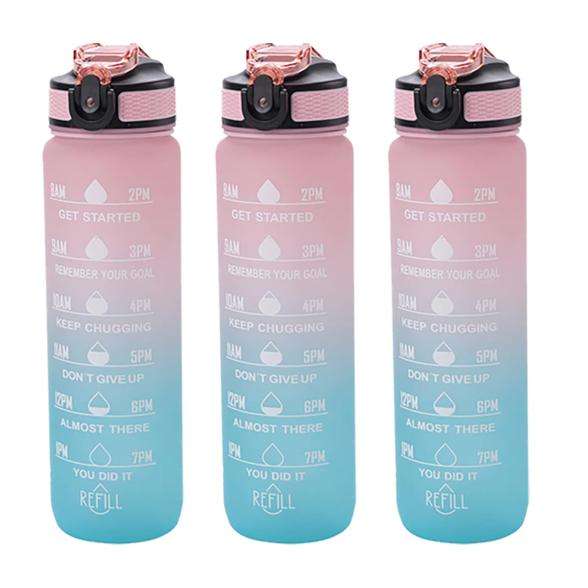 Kuber Industries Motivational Water Bottle with Time Marker | Sipper Water Bottle for Kids & Adults with Straw | for Gym, Home, Office & School | Pink Blue -1 L (Pack of 3)