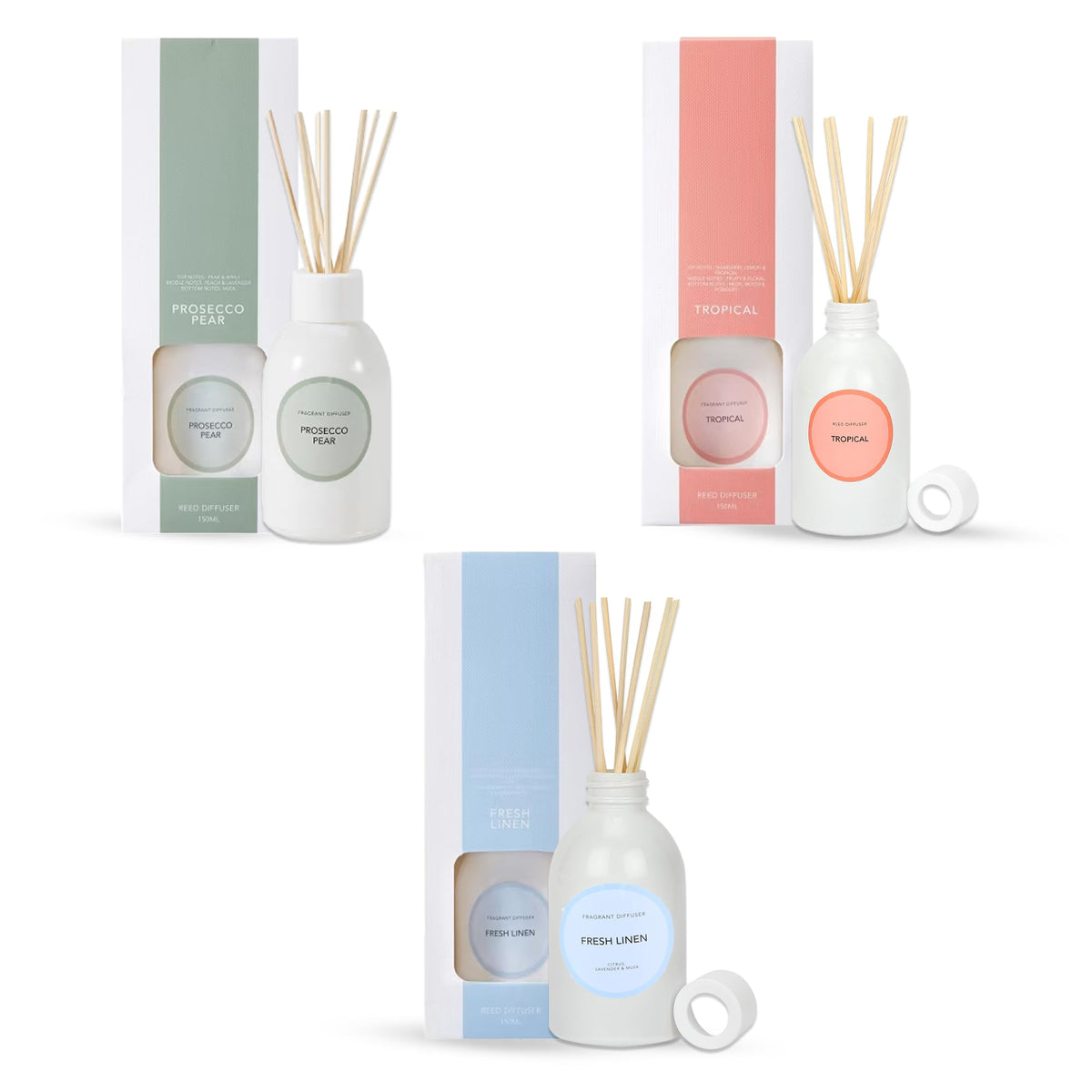 Anko Tropical,Prosecco Pear & Fresh Linen Diffuser Set | Glass Vessel & 24 Reed Diffuser Sticks for Home Fragrance | Alcohol-Free Formula, Mild Tropical Fragrance |11.5 Cm (H) x 5.5 Cm (D) (3 Pc)