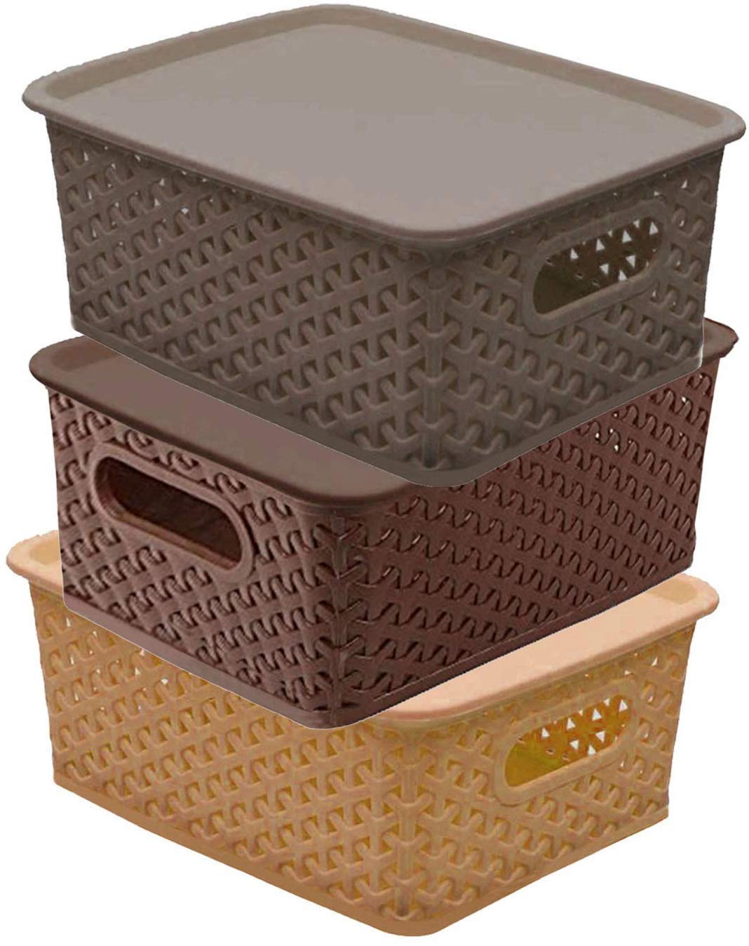 Kuber Industries Multipurpose Solitaire Storage Basket with Lid|Strong Plastic Material & Side Grip|Size Large 36 x 30 x 14, Pack of 3 (Multi)-CTLTC10908, Square