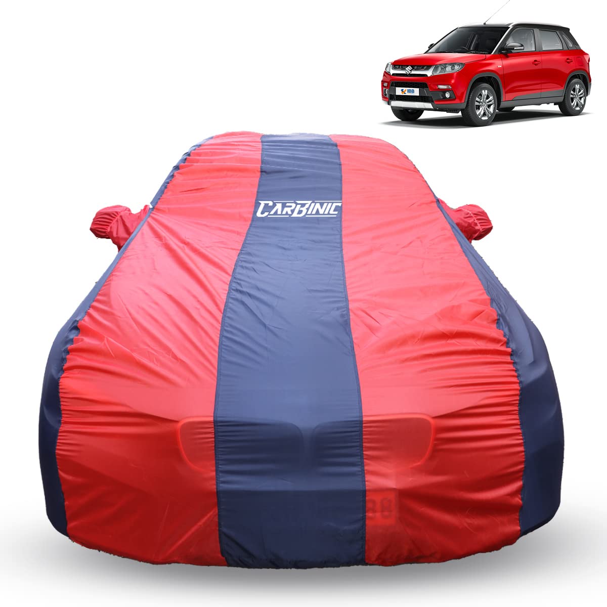 CARBINIC Car Body Cover for Maruti Brezza 2022 | Water Resistant, UV Protection Car Cover | Scratchproof Body Shield | Dustproof All-Weather Cover | Mirror Pocket & Antenna | Car Accessories, Blue Red