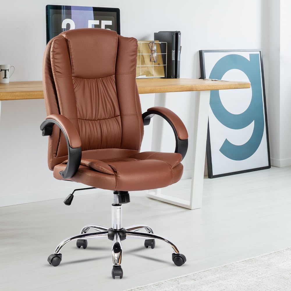 Kuber Industries Ergonomic Leather Office Chairs for Work from Home | Comes with Manual Height Adjustable, Armrest, Headrest & Lumbar Support | Comfy Study Chair for Students with Wheels | Brown