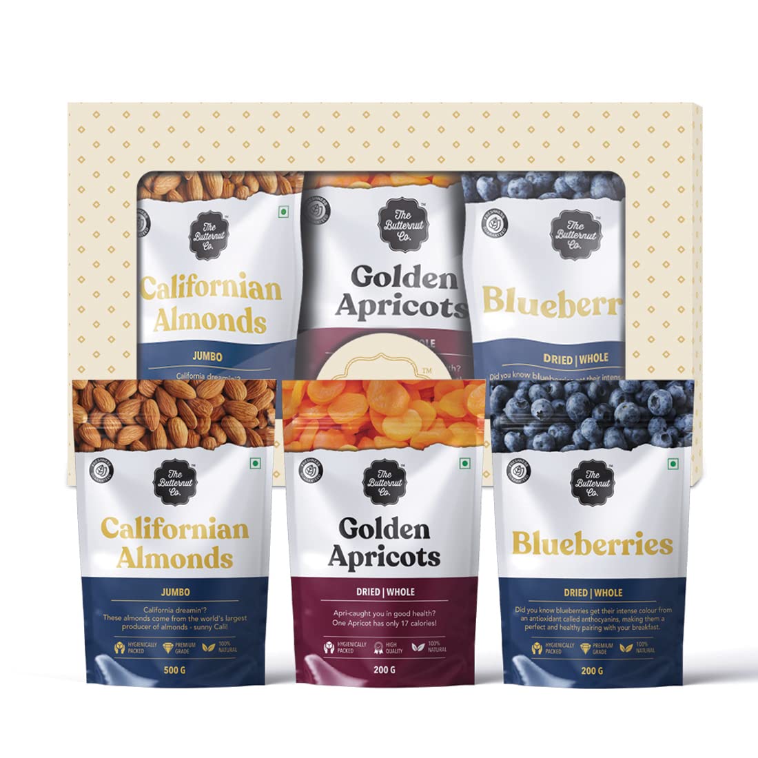 The Butternut Co Dry Fruit Festive Gift Box 900g, Celebration Box, California Almonds Jumbo 500g, Blueberries 200g, Golden Apricots 200g, Premium Dry Fruits