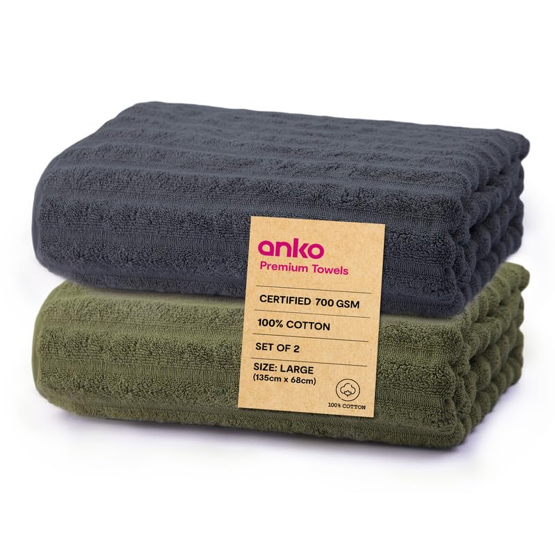 Anko Australia 100% Cotton 700 GSM Large Ribbed Bath Towel | Set of 2 | Super-Soft, Absorbent, Quick-Drying | Dark Grey & Olive Towel for Men, Women & Kids | 135x68 cm |Travel, Gym, Spa Towel