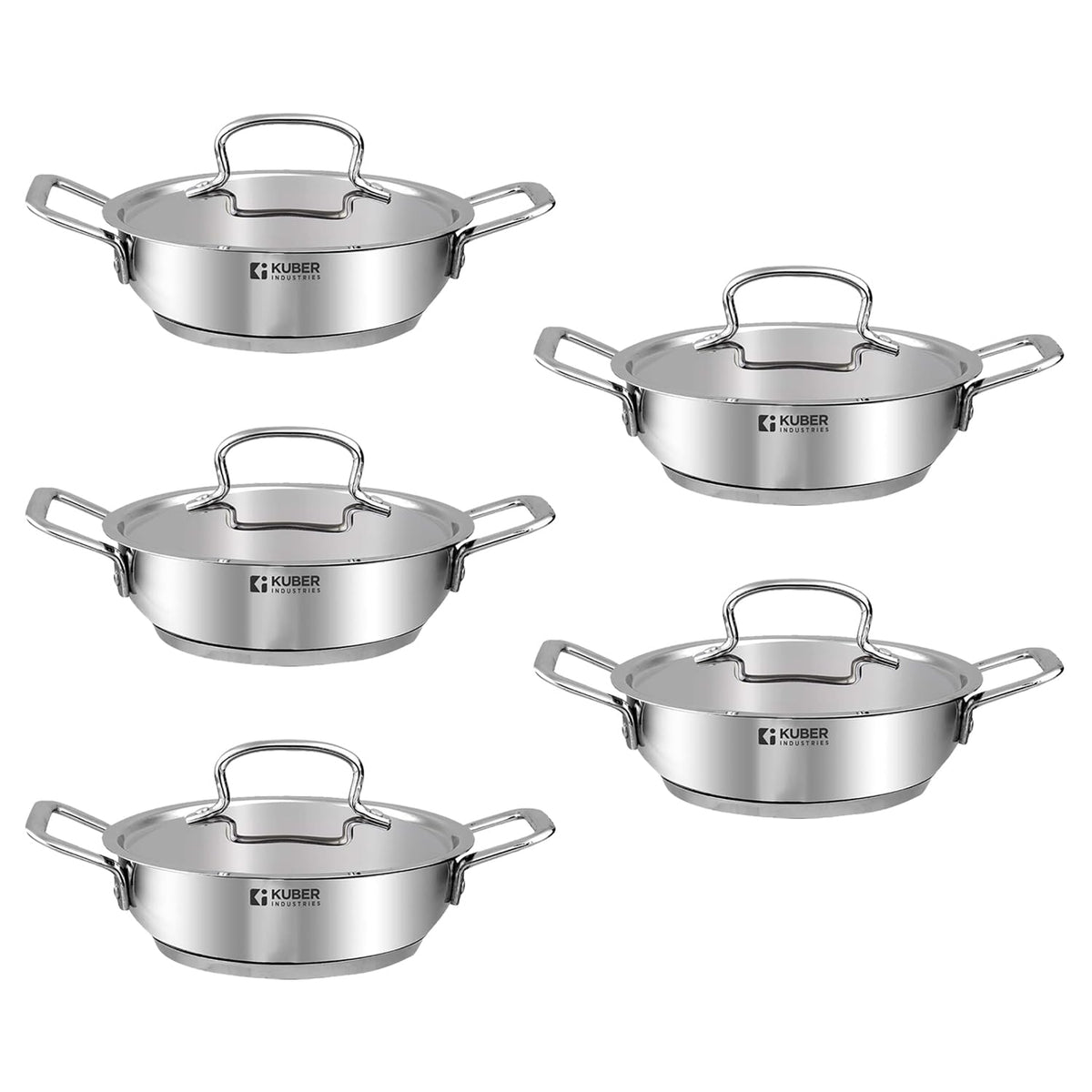 Kuber Industries Tri-ply Stainless Steel Kadhai with lid I Induction Base I 2 litres Capacity I 20cm Diameter I Extra Deep Frying Pan I Riveted Handles (Pack of 5)