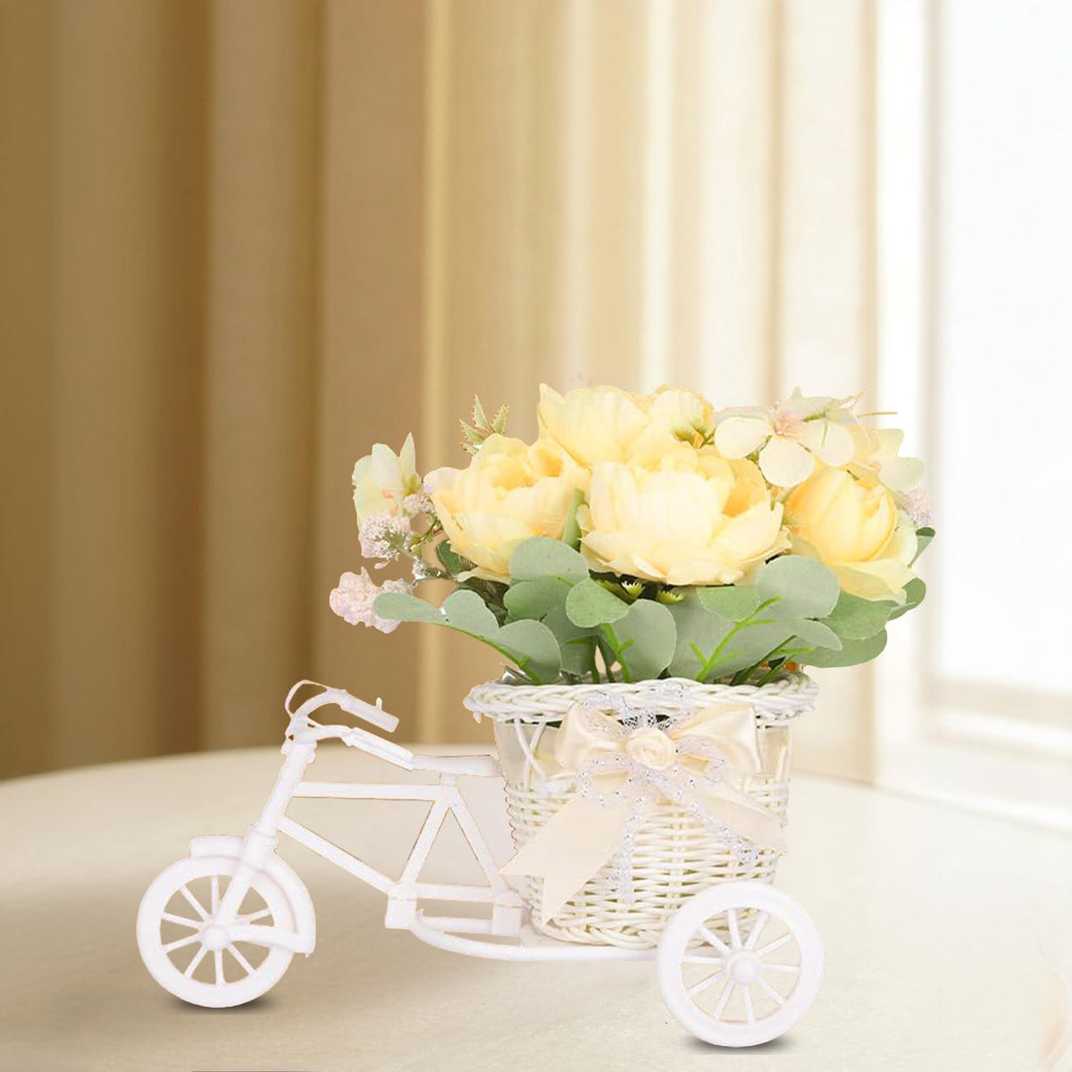 Ekhasa Rose Artificial Flowers with Bicycle for Home Decoration (11 CM Total Height, 5 Flower Heads) | Guldasta Artificial Show Flower for Living Room, Bedroom, Hall, Table, Office Decor