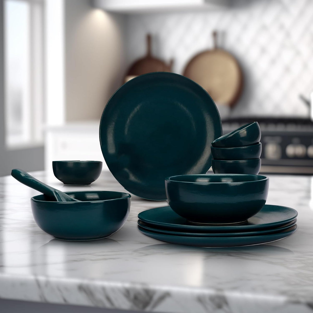 Ekhasa Ceramic Dinner Set (11 pcs, Microwave safe, Chip Resistant, Teal, Damage-Proof Packaging) | Crockery Set Dinner Set | Ceramic Dinner Plates | Stoneware Dinner Set | Porcelain Dinner Set Gift