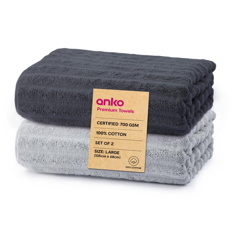 Anko Australia 100% Cotton 700 GSM Large Ribbed Bath Towel | Set of 2 | Super-Soft, Absorbent, Quick-Drying | Grey & Dark Grey Towel for Men, Women & Kids | 135x68 cm |Travel, Gym, Spa Towel