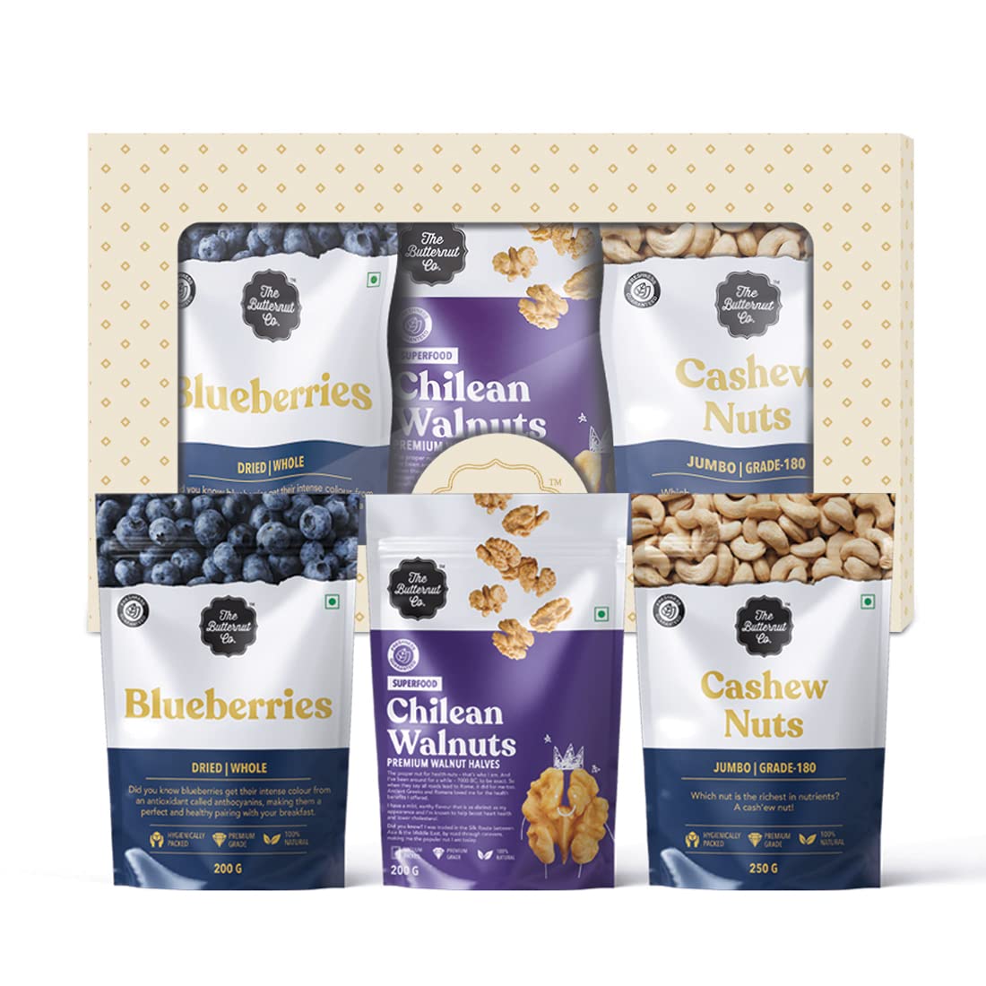 The Butternut Co Dry Fruit Festive Gift Box 650g, Happiness Box, Chilean Walnuts 200g, Blueberries 200g, Cashew Nuts - Jumbo 250g, Premium Dry Fruits