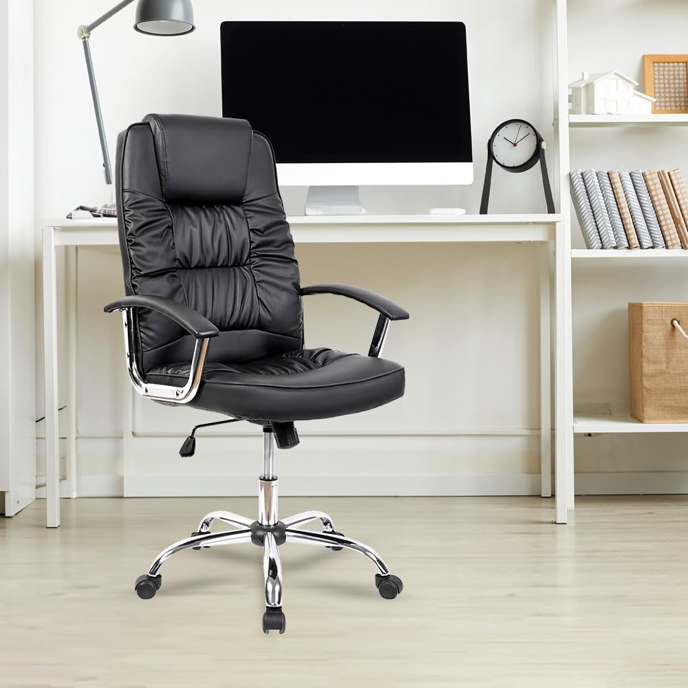 Kuber Industries Ergonomic Leather Office Chairs for Work from Home | Comes with Manual Height Adjustable, Armrest, Headrest & Lumbar Support | Comfy Study Chair for Students with Wheels | Black