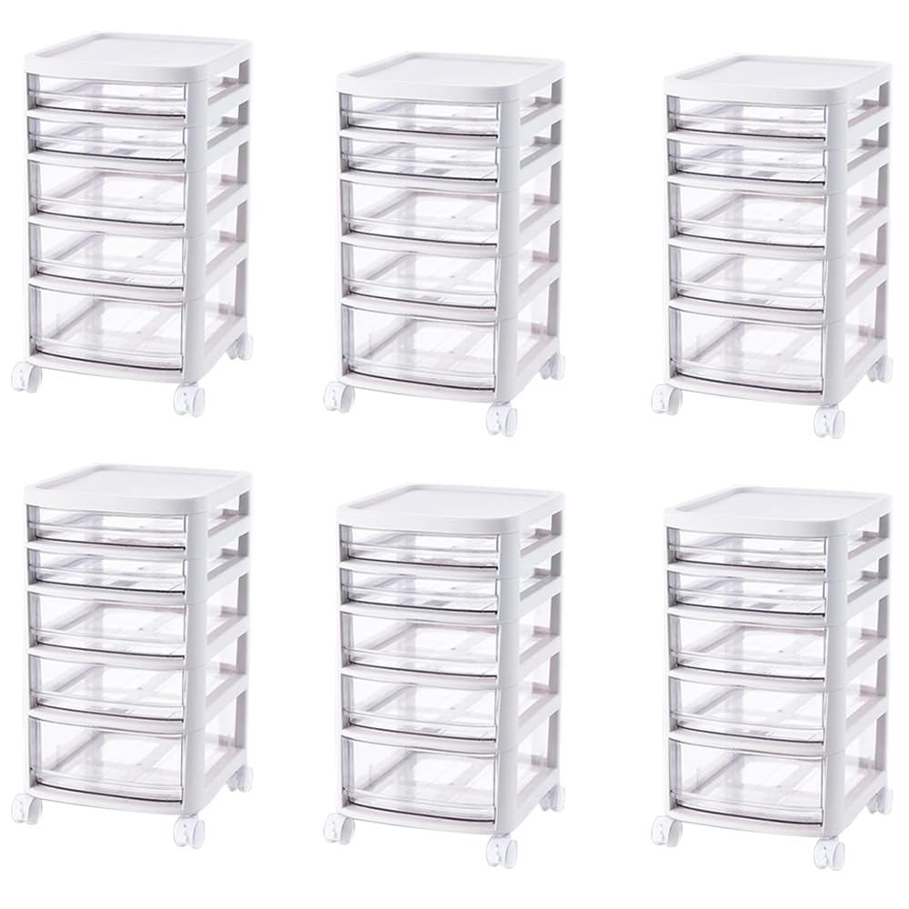 Kuber Industries 5 Layer Cosmetic Cabinet with Trolley|5-Tier Rolling Cart|Shelf Stand With Drawer|Pack of 6|White