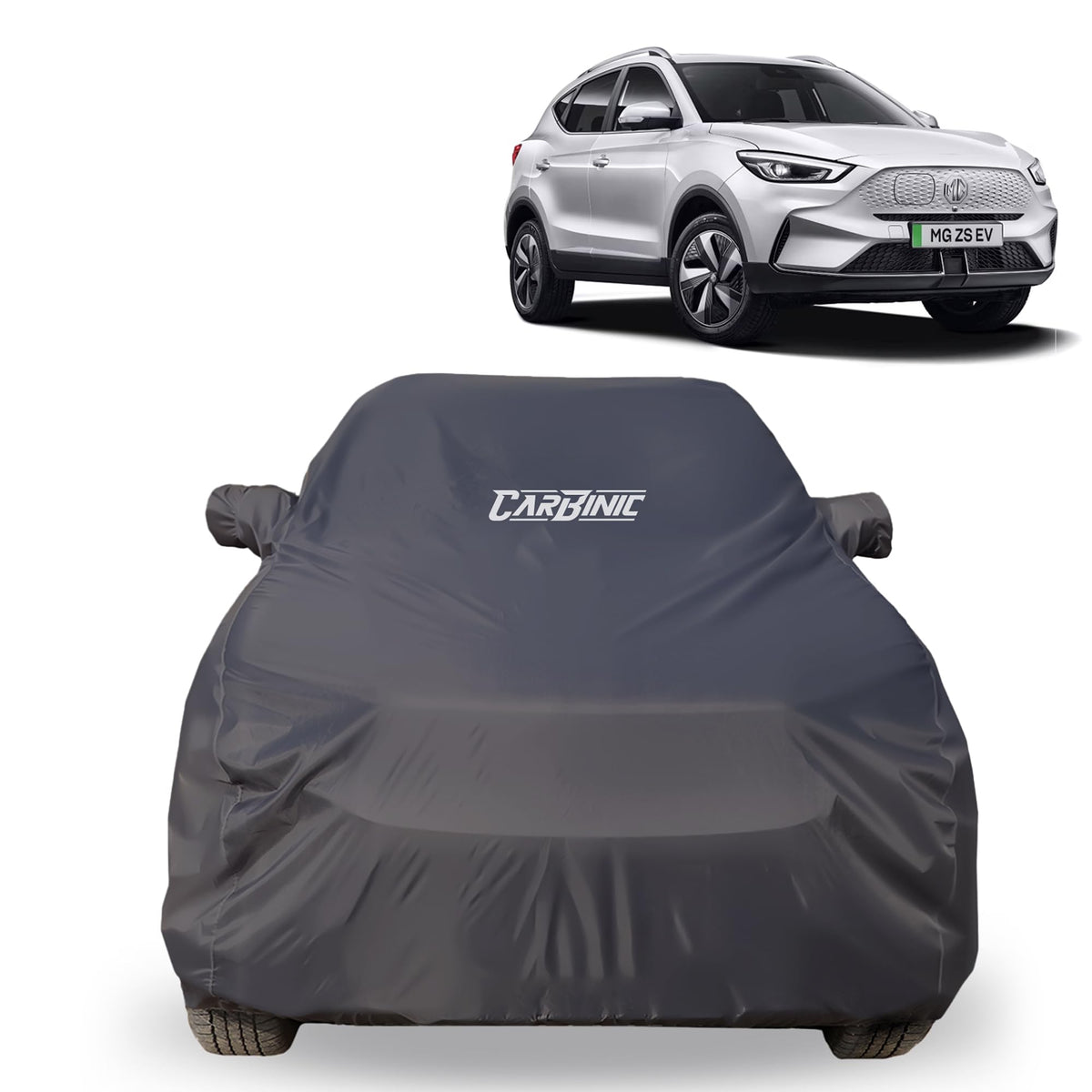 CARBINIC Car Body Cover for MG ZS EV 2022 | Water Resistant, UV Protection Car Cover | Scratchproof Body Shield | Dustproof All-Weather Cover | Mirror Pocket & Antenna | Car Accessories, Grey