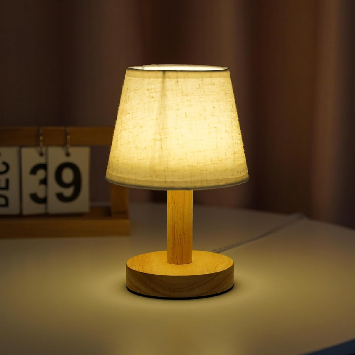 Ekhasa Wooden Dimmable Bedside Lamp | Table Lamps for Home Decoration with Fabric Shade | Wooden Base Side Table Lamp for Living Room | Bed Side Lamp | Aesthetic Night Bed Lamps for Bedroom