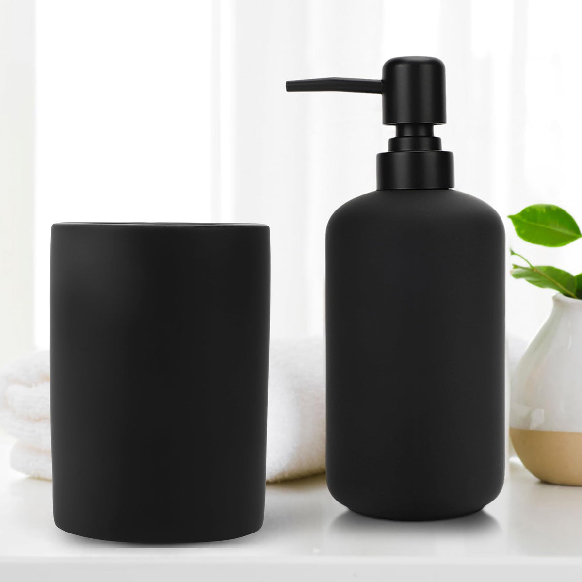 Anko Stoneware Toothbrush Holder (11.5 x 11 x 5 cm) & Liquid Soap Dispenser (400 mL) Set for Bathroom | Rust-Proof, Leak-Proof, Easy to Clean | Bathroom Sanitizer, Lotion, Shampoo Dispenser- Black