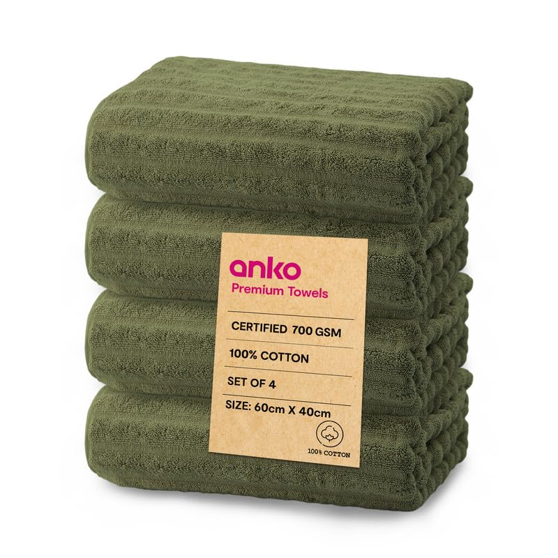 Anko Australia 100% Cotton 700 GSM Ribbed Hand Towel | Set of 4 | Super-Soft, Absorbent, Quick-Drying | Olive Green Towel for Men, Women & Kids | 60x40 cm |Travel, Gym, Spa Towel