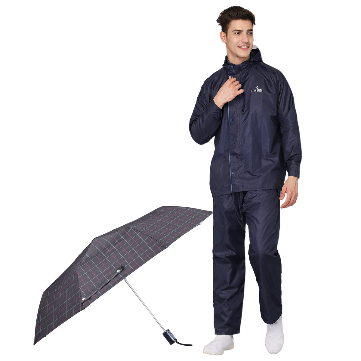 THE CLOWNFISH Combo Of Rain Coat for Men Waterproof Polyester (Blue XL) Umbrella 3 Fold Waterproof Pongee (Checks Design- Dark Pink)