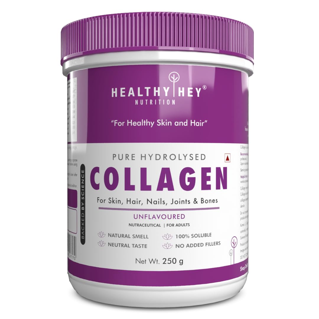 HealthyHey Nutrition Collagen Powder | Collagen Supplement for Glowing Skin | Pure Hydrolysed Collagen Powder for Women and Men | Unflavoured - Pack of 1-250 gm