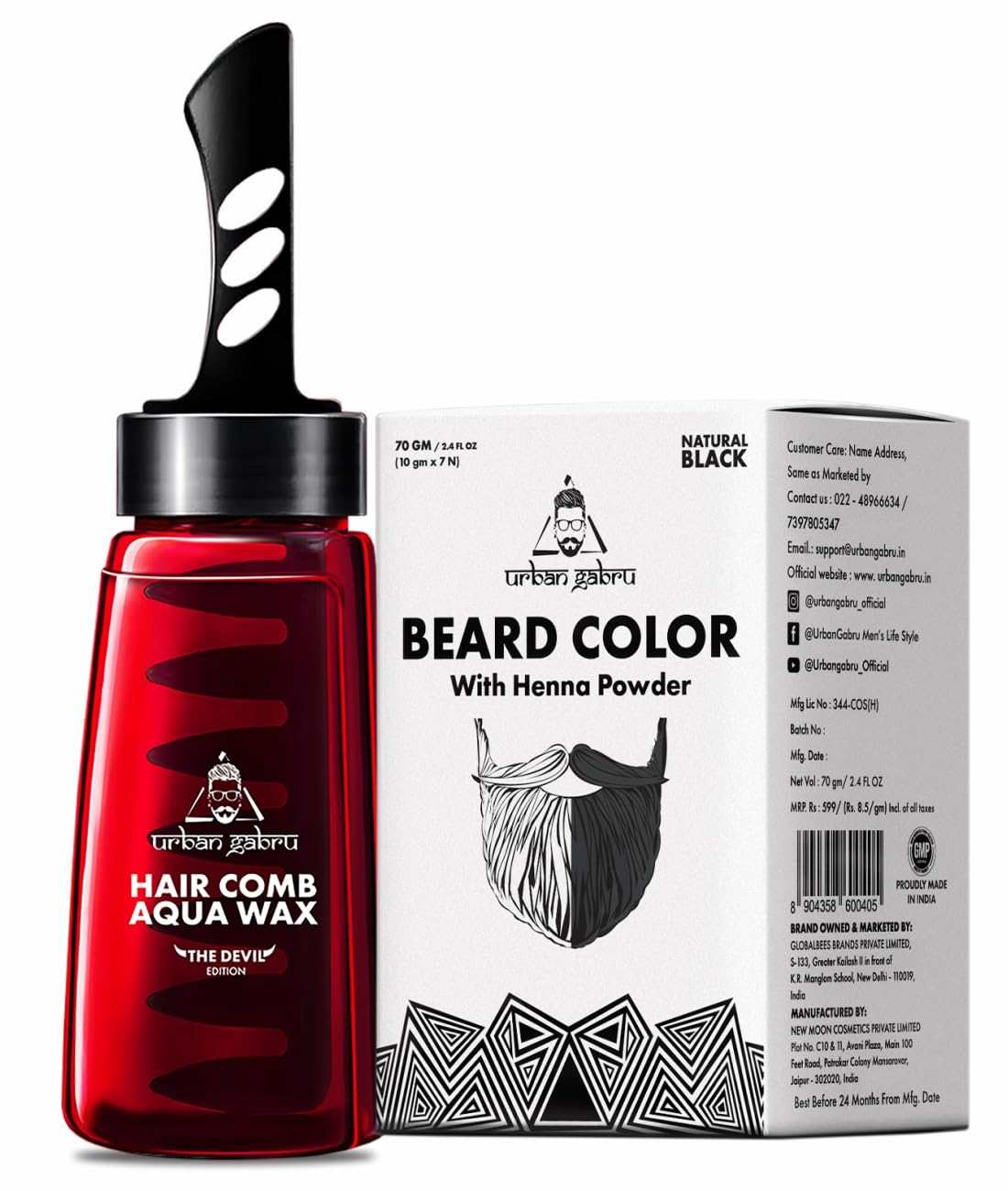 Urbangabru Hair Comb Aqua Wax - The Devil Edition - 260 ML & Beard Colour with Heena Powder 70 GM - Men's Grooming Combo Kit