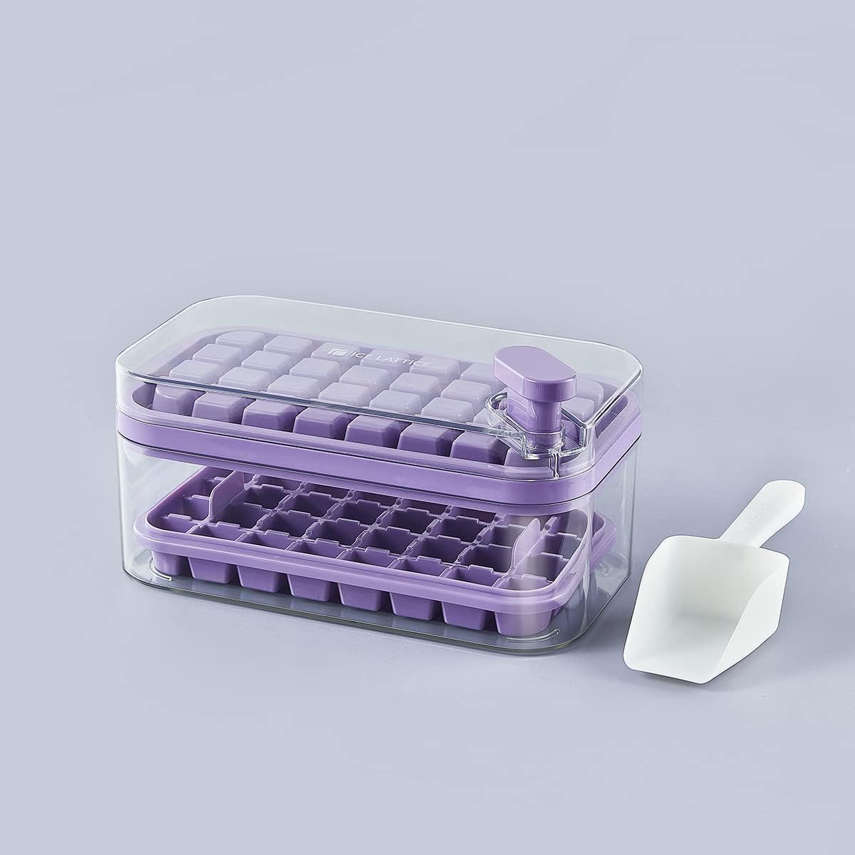 Pack of 6: 2 Layer Ice Cube Tray with Lid | 64 Ice Cube Molds | Purple