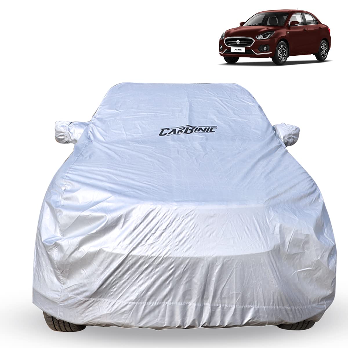 CARBINIC Car Cover for Maruti Swift Dzire 2017 Waterproof (Tested) and Dustproof Custom Fit UV Heat Resistant Outdoor Protection with Triple Stitched Fully Elastic Surface (Silver)