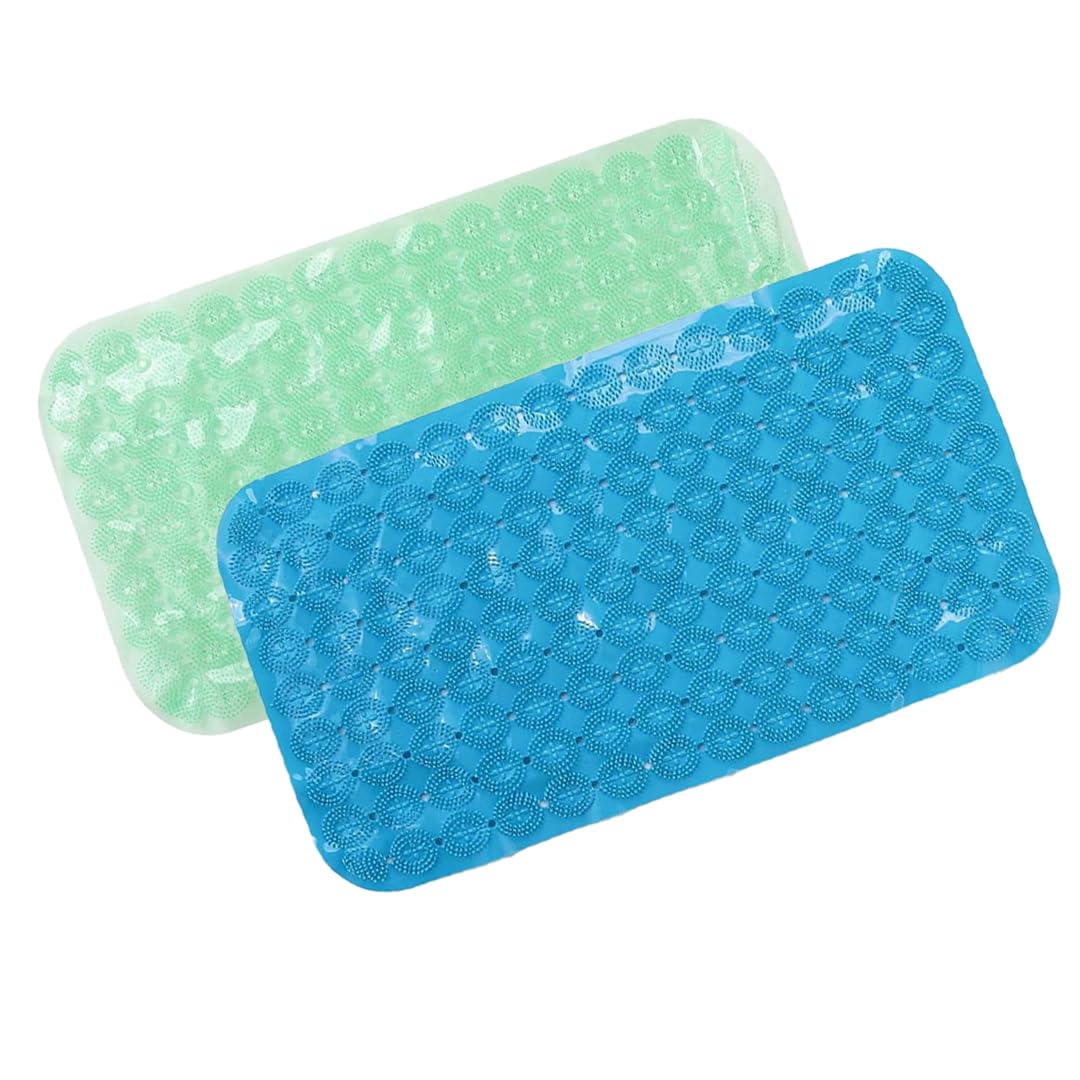 Savya Home Anti Skid Bath Mat for Bathroom, Mat for Kitchen, Mat for Shower area, Bathtub Mats| PVC Bath Mat with Suction Cup, Machine Washable Floor Mat (67x37 cm)| Light Green & Blue