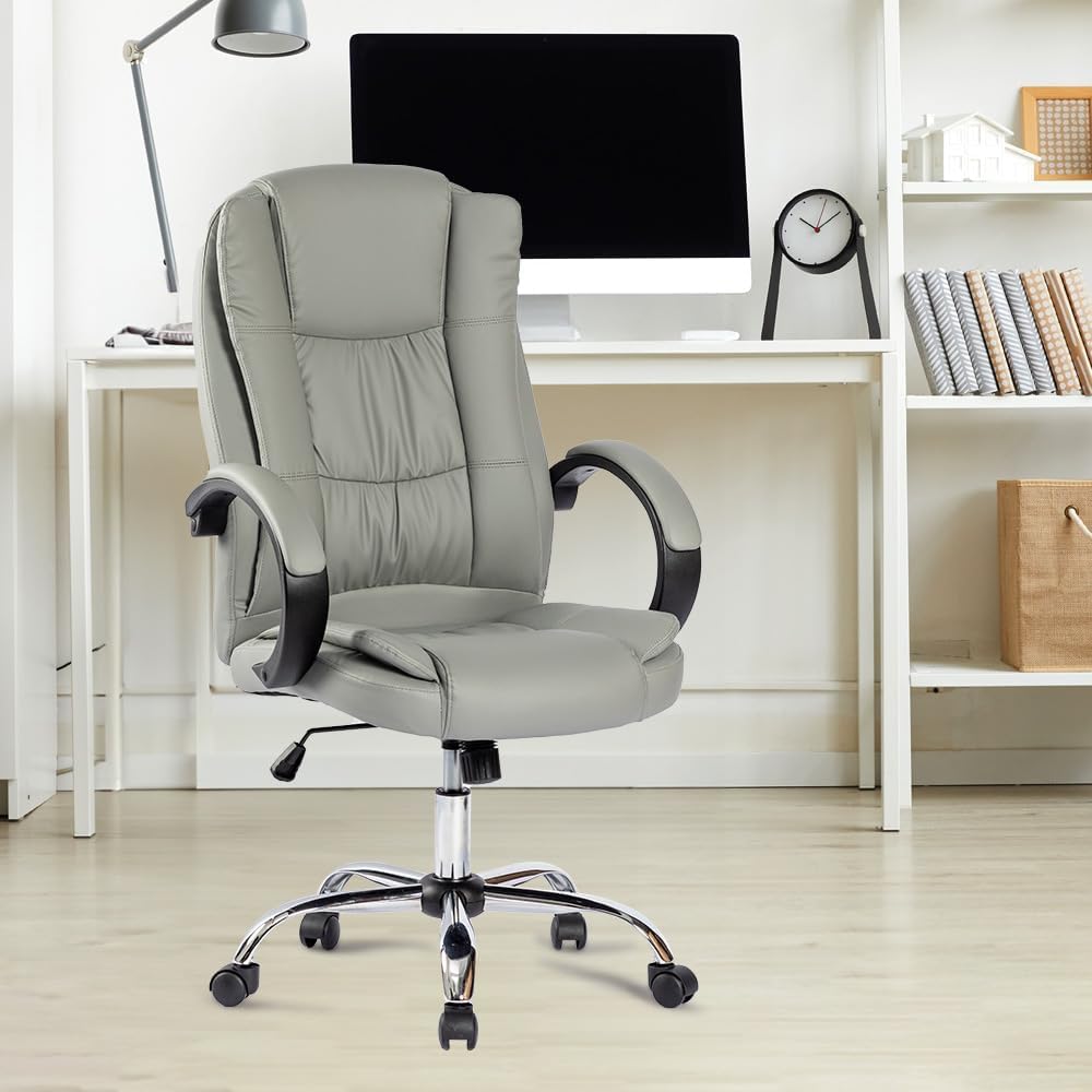 Kuber Industries Leather Office Chairs for Work from Home | Comes with Manual Height Adjustable, Armrest, Headrest & Lumbar Support | Comfy Study Chair for Students with Wheels | Grey | SAVOC106GRY