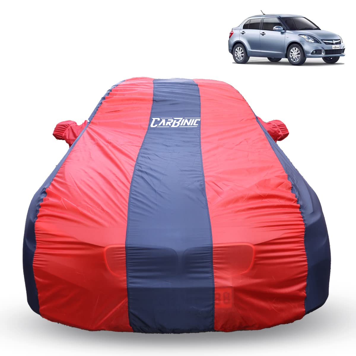 CARBINIC Car Body Cover for Maruti Swift Dzire 2017 | Water Resistant, UV Protection Car Cover | Scratchproof Body Shield | Dustproof All-Weather | Mirror Pocket & Antenna | Car Accessories, Blue Red