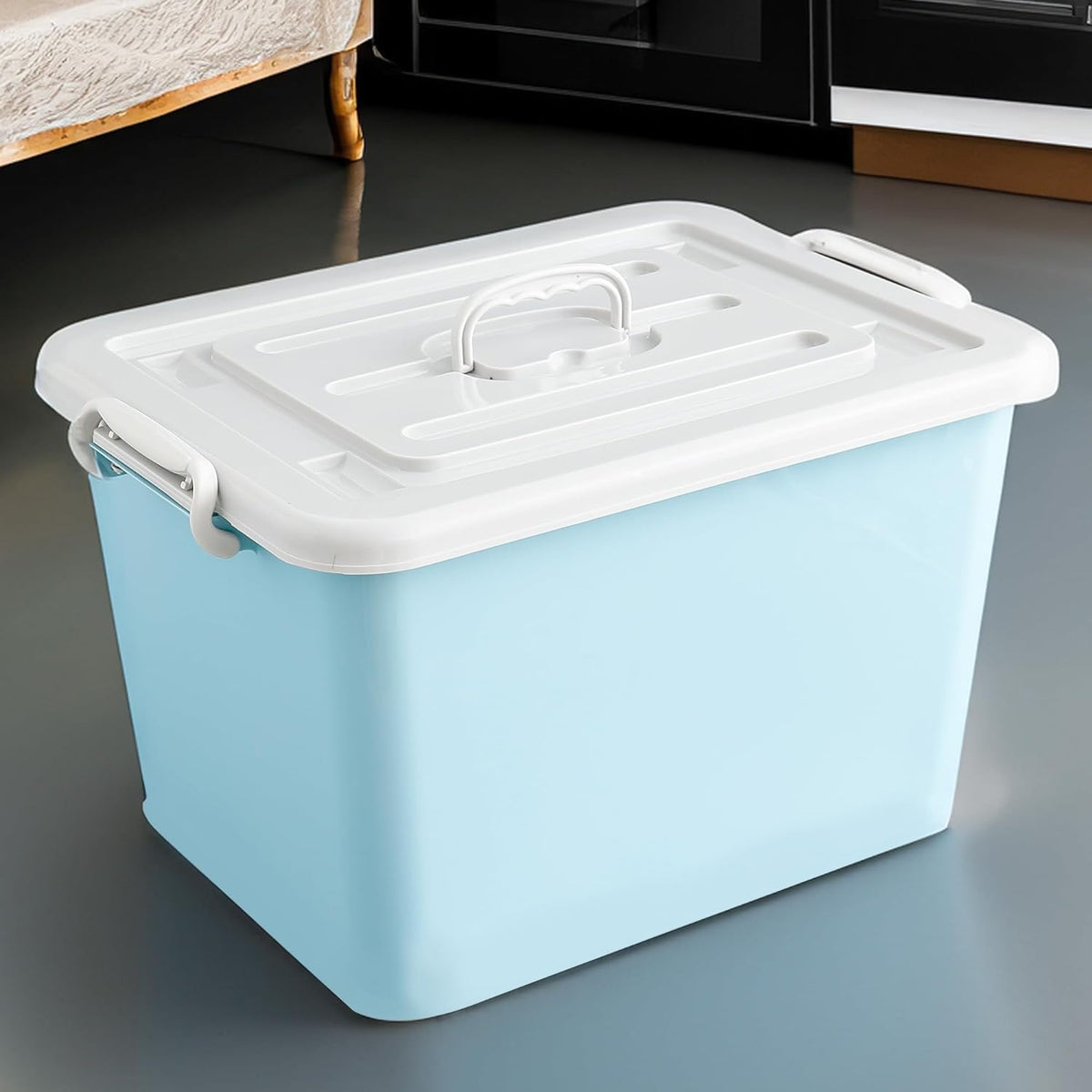 Homestic Storage Box with Lid and Double Side Handles | 80L Large Capacity | Dustproof and Stackable | Square Box for Storage Multipurpose | Storage Box Organizer for Clothes/Toys | Blue