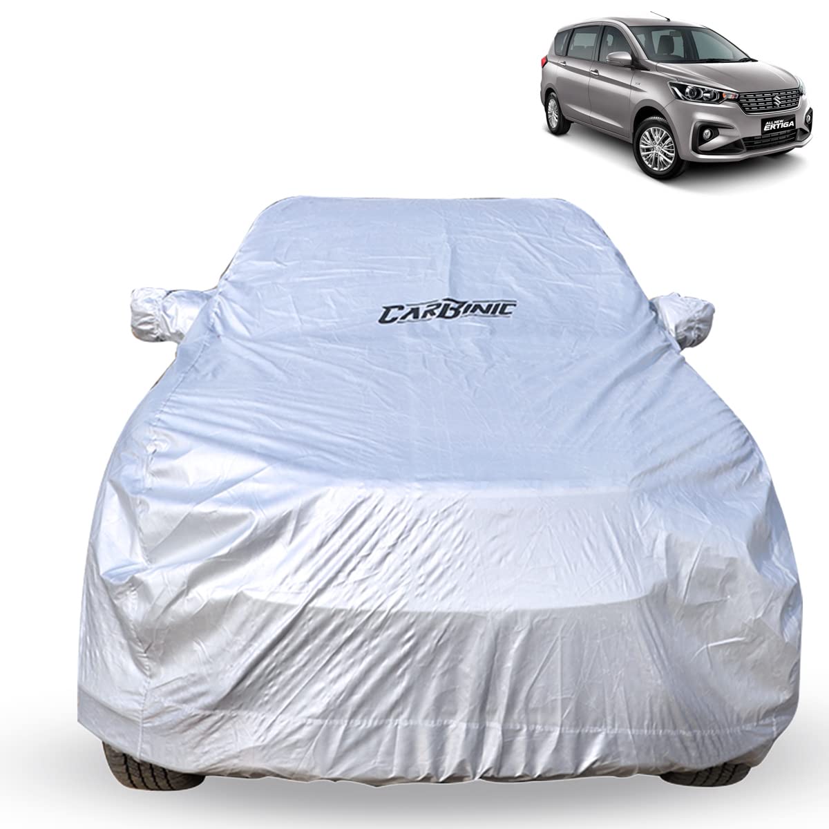 CARBINIC Car Cover for Maruti Ertiga 2022 Waterproof (Tested) and Dustproof Custom Fit UV Heat Resistant Outdoor Protection with Triple Stitched Fully Elastic Surface | Jungle with Pockets (Silver)