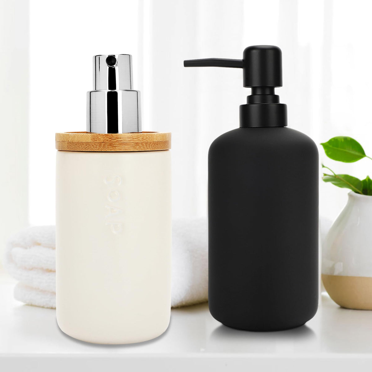 Anko Bamboo & White (320mL) & Black (400mL) Liquid Soap Dispenser for Bathroom Set of 2| Ceramic Handwash dispenser with Pump |Handwash Bottle | Soap Dispenser for Wash Basin |Kitchen Liquid Dispenser