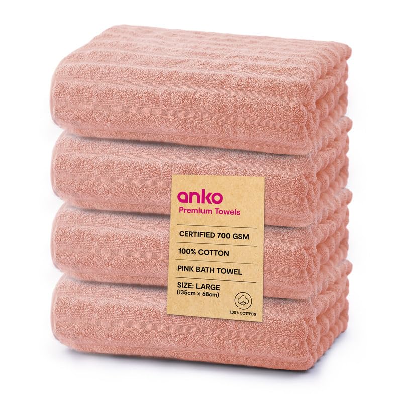 Anko Australia 100% Cotton 700 GSM Large Ribbed Bath Towel | Set of 4 | Super-Soft, Absorbent, Quick-Drying | Pink Towel for Men, Women & Kids | 135x68 cm |Travel, Gym, Spa Towel