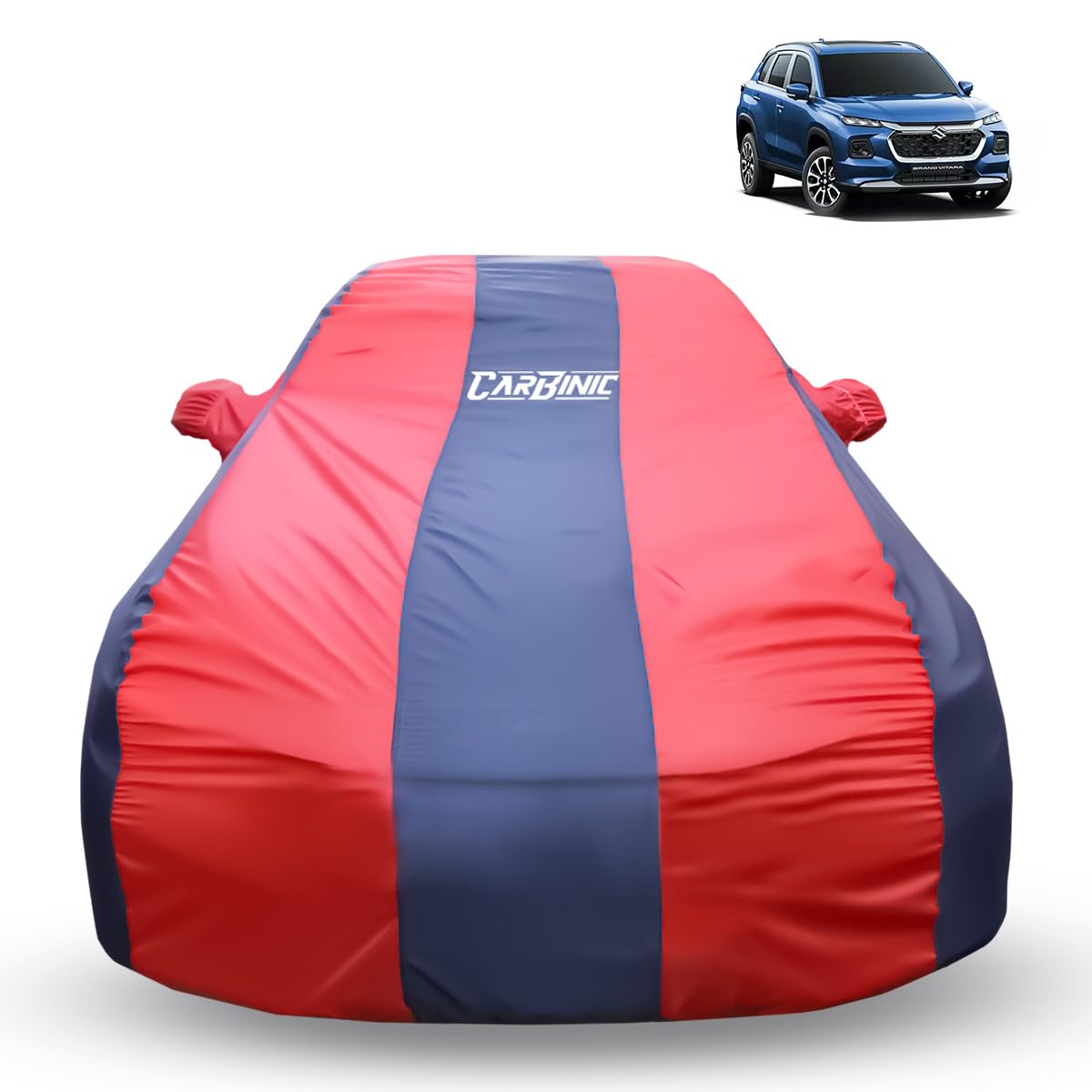 CARBINIC Car Body Cover for Maruti Grand Vitara 2022 | Water Resistant, UV Protection | Scratchproof Body Shield | Dustproof All-Weather Cover | Mirror Pocket & Antenna | Car Accessories, Blue Red