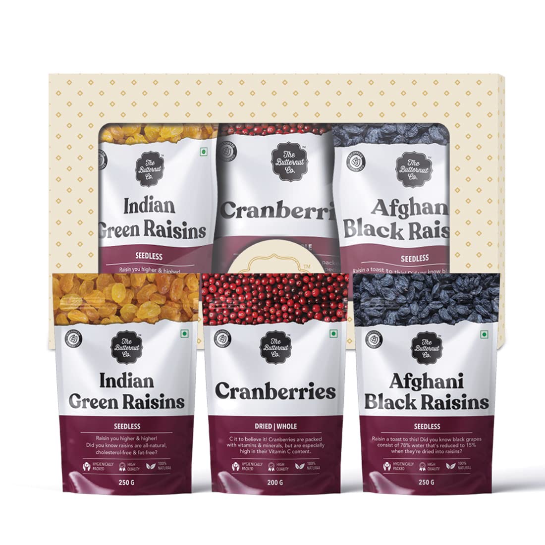 The Butternut Co Dry Fruit Festive Gift Box 700g, Berries Box, Indian Green Raisins 250 g, Cranberries 200 g, Afghani Black Raisins 250 g, Premium Dry Fruits