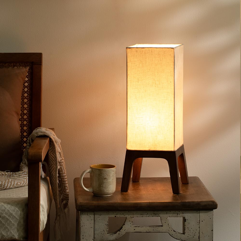 Ellementry Gren Wooden Table Lamp for Bedroom | Bedside Lamp for Bedroom | Eco- Friendly Table Lamp for Living Room | Sustainable Home D�cor Items | Bedroom D�cor | Brunette