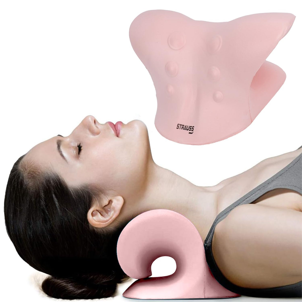 Strauss Neck Support Stretcher | Cervical Pillow | Cervical Traction Device for Relieve in Headache, Muscle Tension, Neck Pain, Shoulder Pain & Spine Alignment | Acupressure Chiropractic Pillow,(Pink)