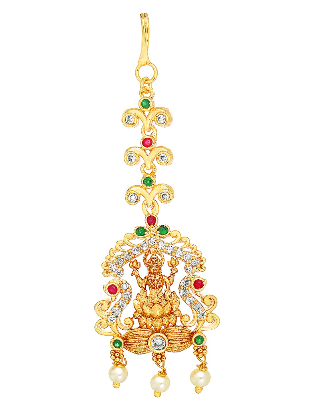 Yellow Chimes Classic AD/American Diamond Studded Gold Plated Lakshmi Design Maang Tikka for Women and Girls.