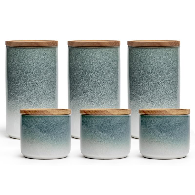 Anko 300ml & 1L Stoneware Ceramic Jars for Kitchen Storage | Airtight Container Set for Kitchen with Rubberwood Lid & Silicone Ring | Kitchen Container for Snacks, Tea, Sugar | Grey | Set of 6