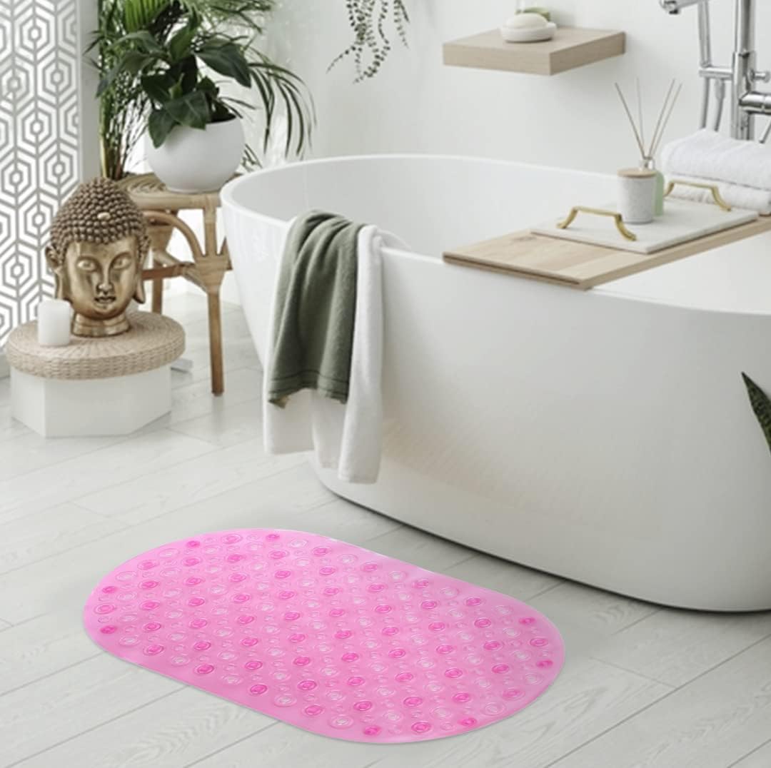 SAVYA HOME Rubber Bath Mats | Anti Skid Bathroom Floor Mat | Non Slip Door Mats for Bathroom | with Suction Cups for Quick Drying | Machine Washable | Eco-Friendly | 65 X 36 Cm | Oval - Pink