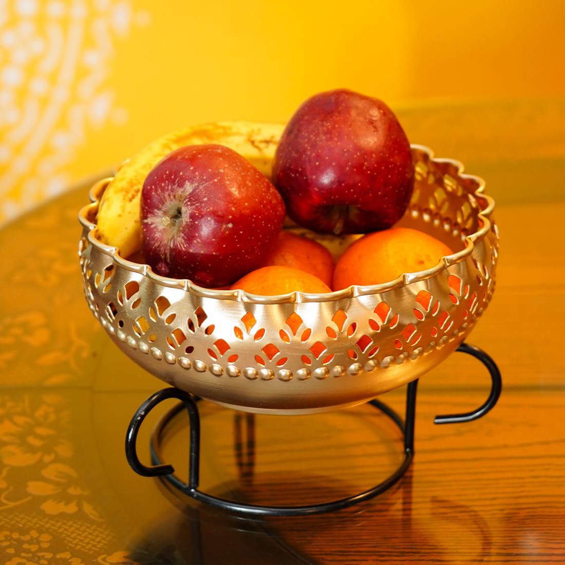 Ekhasa Metal Fruit Basket with Stand (21.5 * 21.5 * 14.2 cm, Gold) | Multi Use as Fruit Basket, Gift Basket, Pooja Basket, Temple Basket, Kitchen Organizer Basket or as Urli in Diwali Decoration