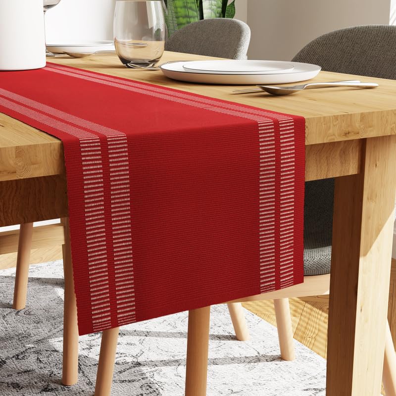 Encasa XO Dining Table Runner for 4 to 6 Seater| Yarn Dyed Fine Ribbed Cotton | Size 32x240 cm | Ladder Red | Machine Washable