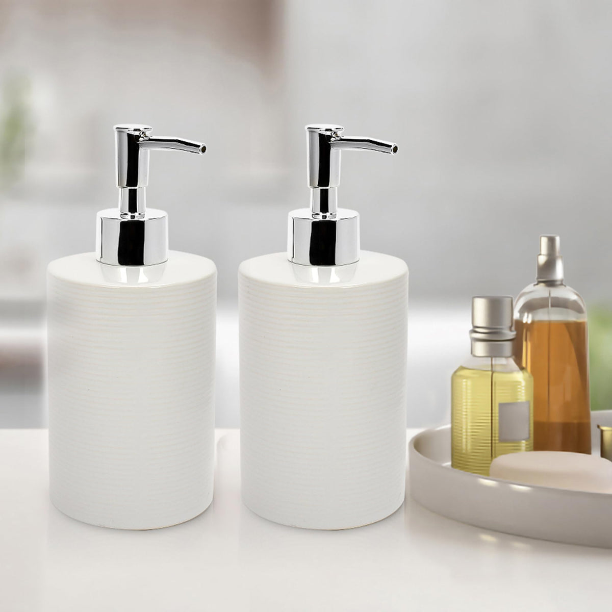 Anko Liquid Soap Dispenser - Pack of 2 | Stoneware | Bathroom Sanitizer, Lotion, Shampoo Dispenser | Ceramic Liquid Soap Dispenser for Bathroom & Kitchen | Soap Dispenser for Wash Basin | 350 ml