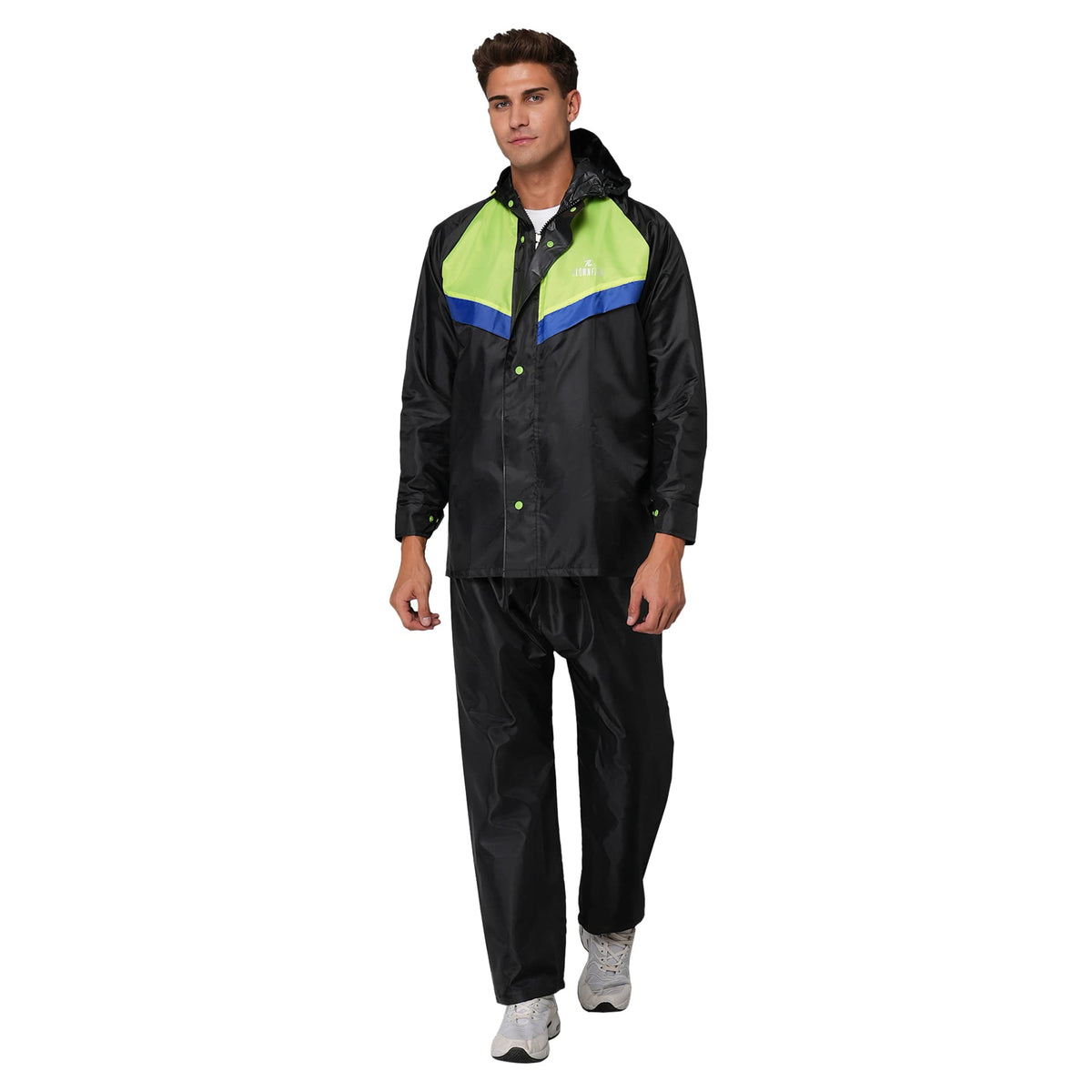 THE CLOWNFISH Sky Pro Series Men's Waterproof Polyester Double Coating Standard Length Raincoat With Hood And Reflector Logo At Back. Set Of Relaxed Fit Top And Bottom (Black, X_Large)