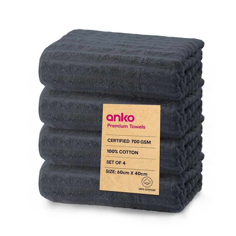 Anko Australia 100% Cotton 700 GSM Ribbed Hand Towel | Set of 4 | Super-Soft, Absorbent, Quick-Drying | Dark Grey Towel for Men, Women & Kids | 60x40 cm |Travel, Gym, Spa Towel