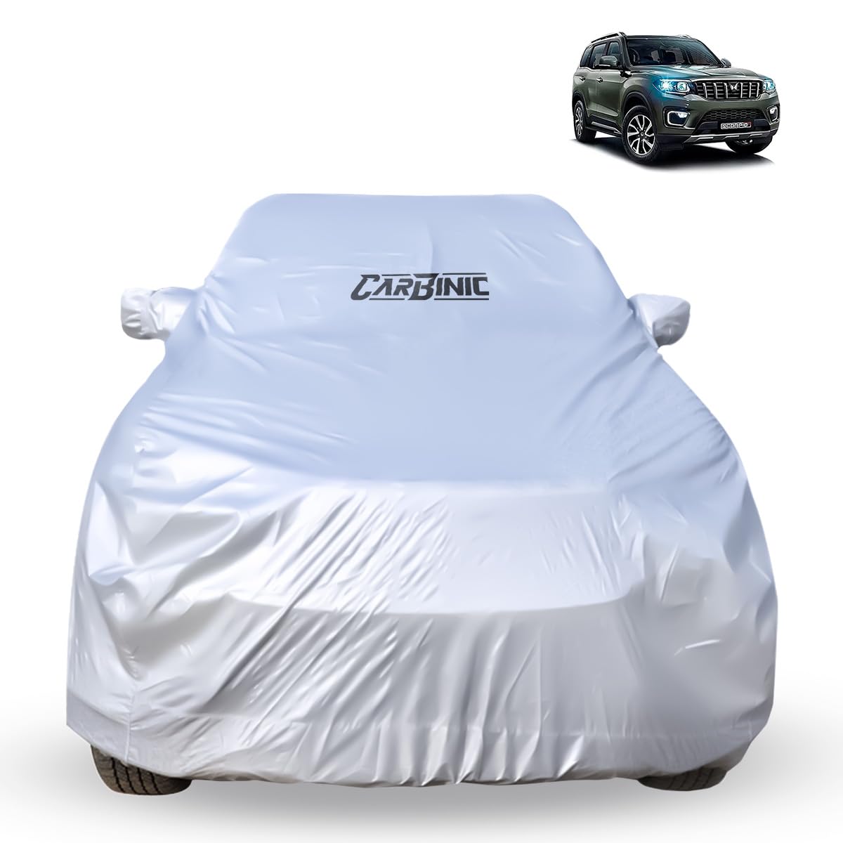 CARBINIC Car Cover for Mahindra Scorpio N 2022 Water Resistant (Tested) & Dustproof Custom Fit UV Heat Resistant Outdoor Protection with Triple Stitched Fully Elastic Surface (Silver)