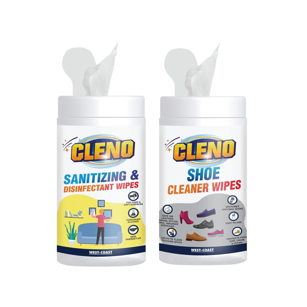 Cleno Sanitizing Disinfectant Wet Wipes 50 Wipes & Shoe Cleaner Wet Wipes 50 Wipes Ready to Use Combo