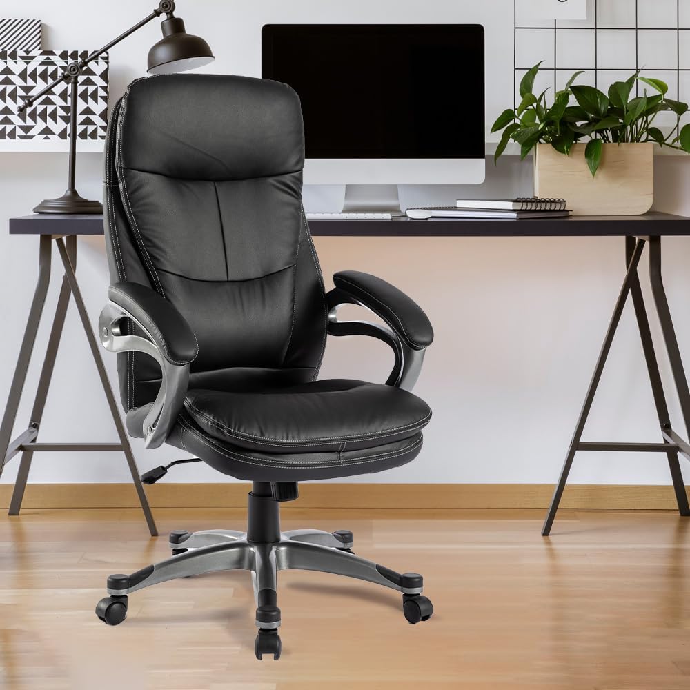 Kuber Industries Leather Office Chairs for Work from Home | Comes with Manual Height Adjustable, Armrest, Headrest & Lumbar Support | Comfy Study Chair for Students with Wheels | Black | SAVOC113BLK