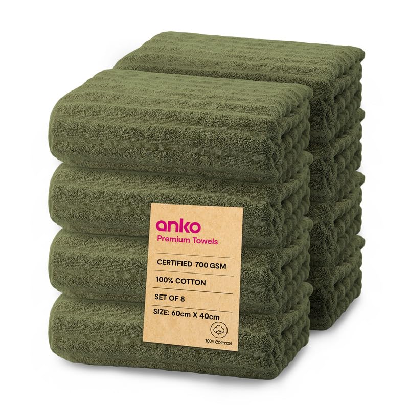 Anko Australia 100% Cotton 700 GSM Ribbed Hand Towel | Set of 8 | Super-Soft, Absorbent, Quick-Drying | Olive Green Towel for Men, Women & Kids | 60x40 cm |Travel, Gym, Spa Towel