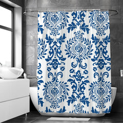 Encasa Shower Curtain & Bathmat 3 Pcs Set| Curtain 180x180 cm, Mats 45x75 cm, 45x37.5 cm| Creative Vibrant Coloured Polyster Curtain Sets with Non-Slip Bath mats for Bathroom| Blue Print